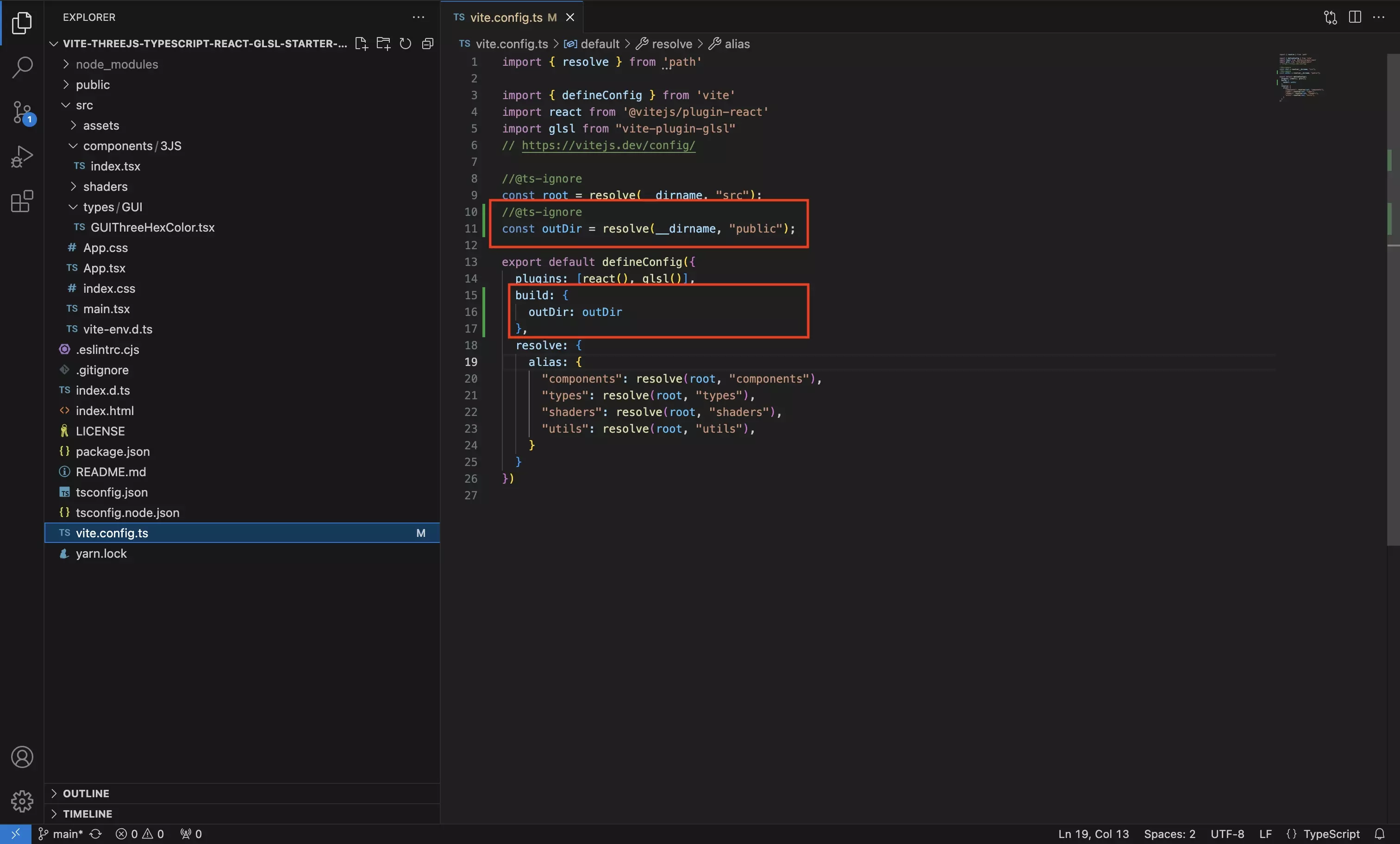 A screenshot of VSCode showing how we setup the outDir within the vite.config.ts file. This config is setup to output the build to the "public" folder at the root of the project.