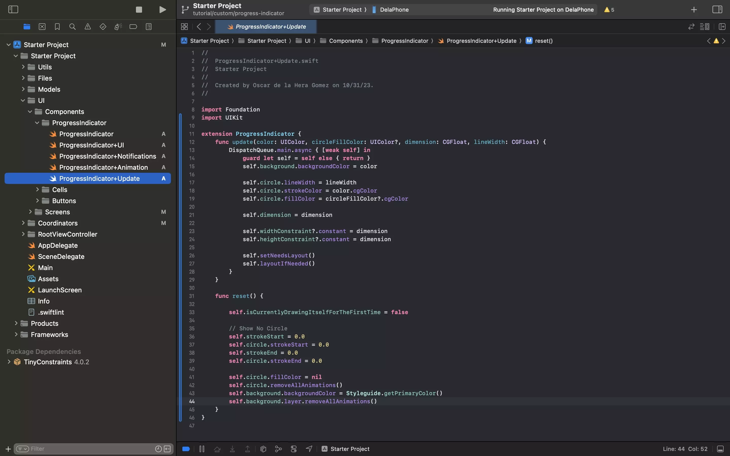 A screenshot of XCode showing the ProgressIndicator+Update.swift file. Code available below.