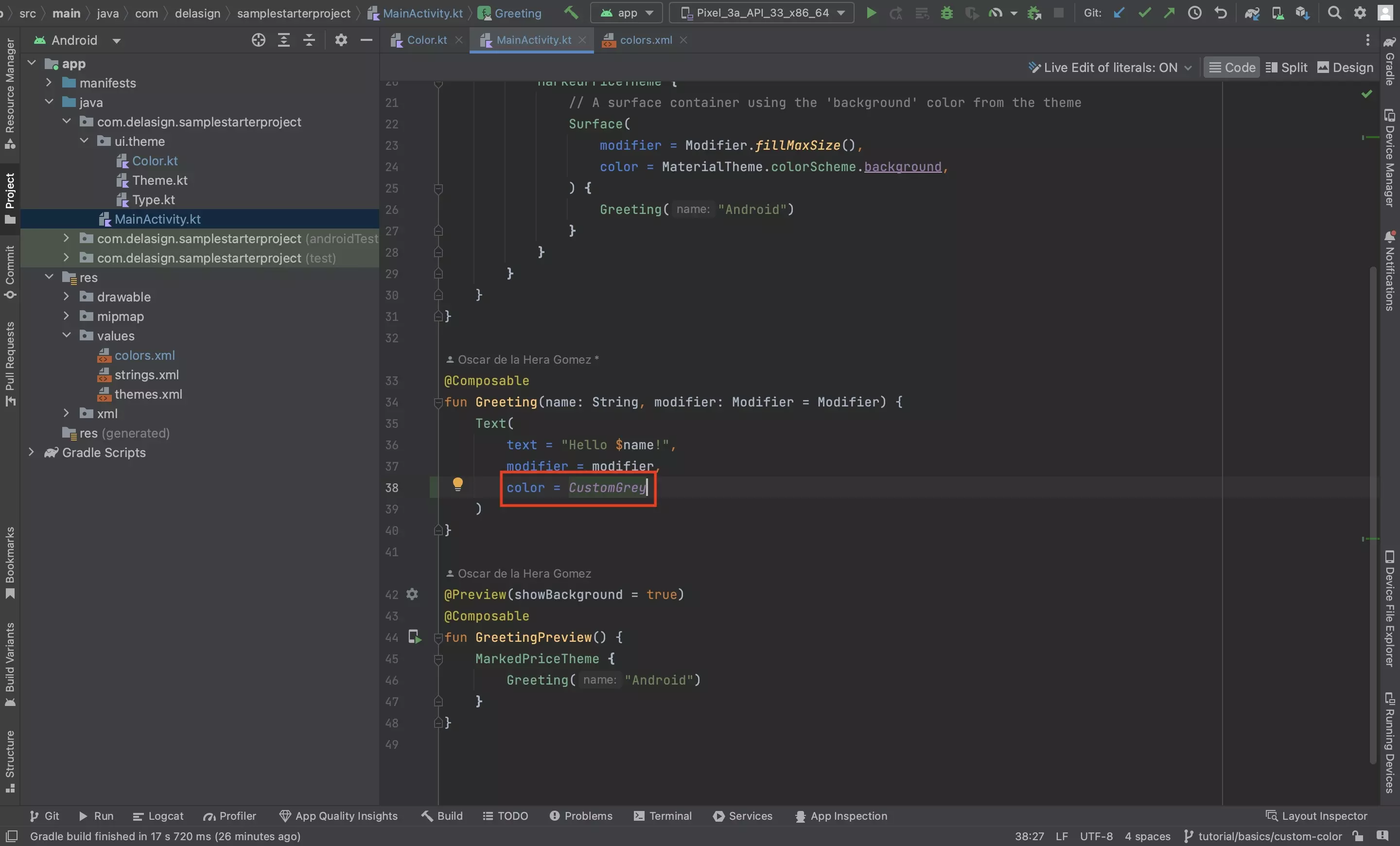 A screenshot of Android Studio showing the Main Activity file, with a color added to the Greetings Composable.