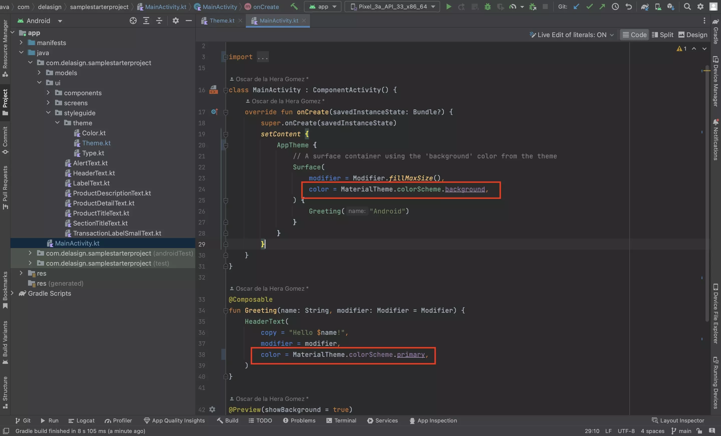 A screenshot of Android Studio showing the MainActivity.kt file. Highlighted are two uses of the MaterialTheme. Sample code on how to use them is found below.