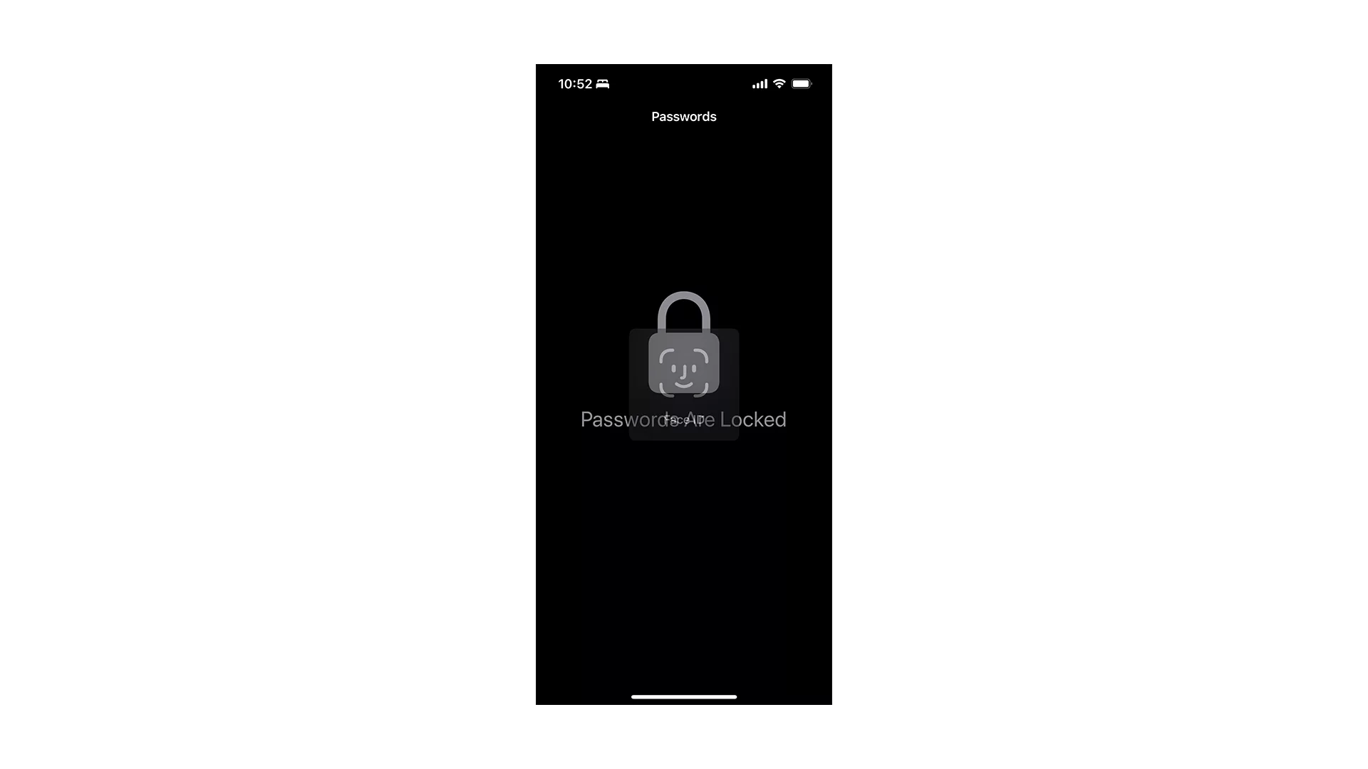 A screenshot of an iPhone showing how passwords needs FaceID or TouchID to be accessed.