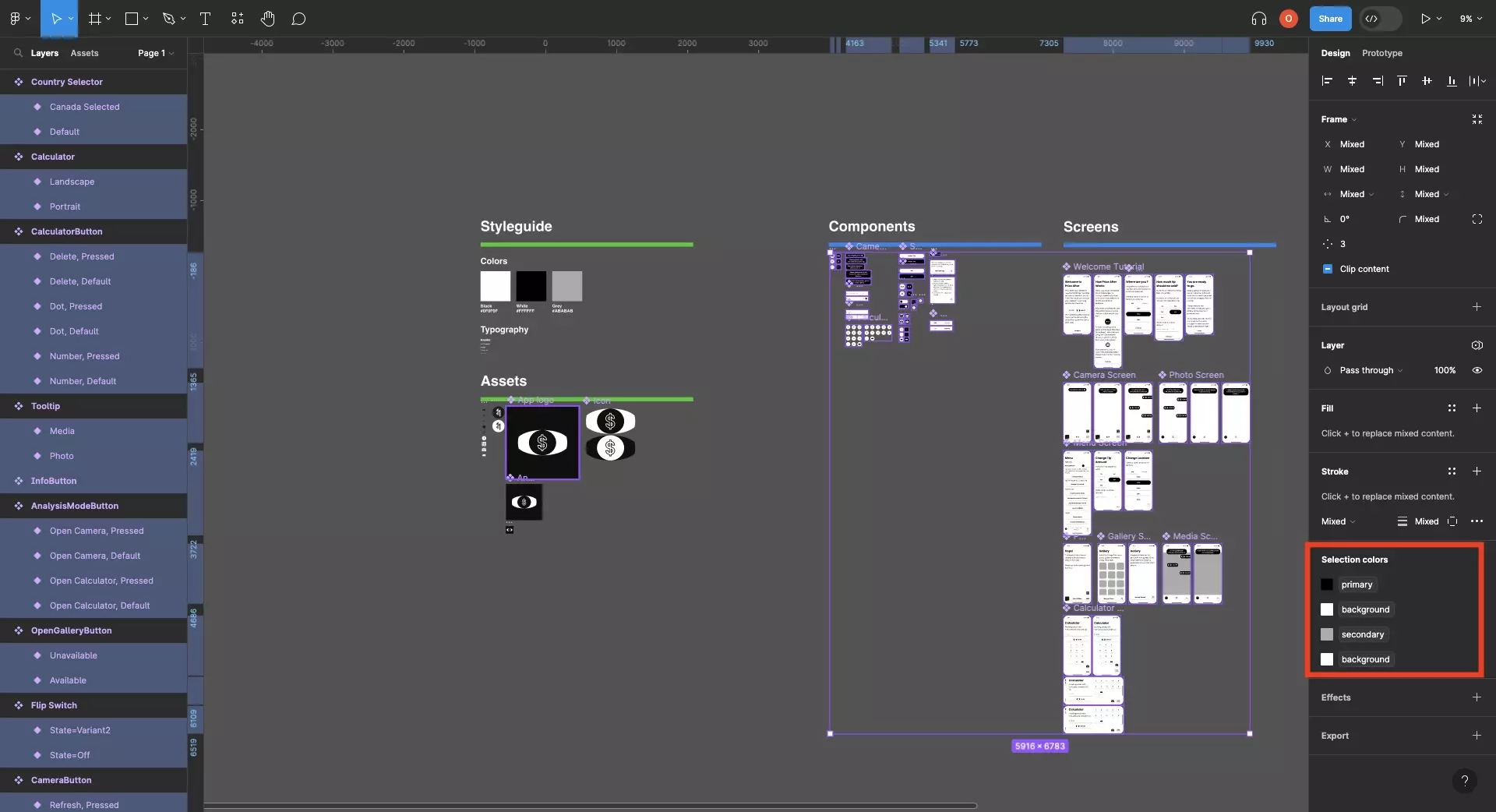 A screenshot of Figma showing how all the screens and components use tokens from the Price After styleguide variable collection.