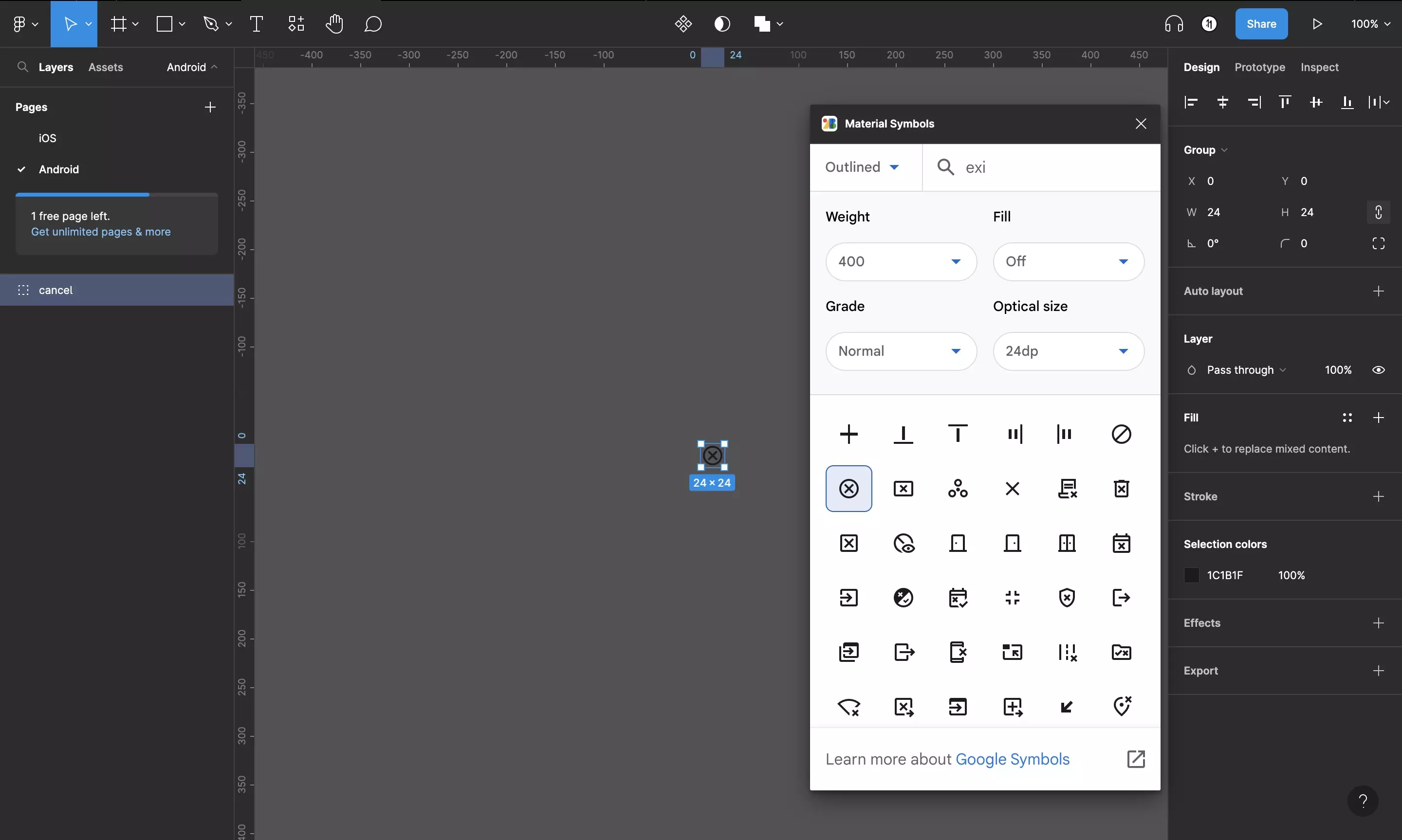 A screenshot of Figma showing the Material Symbol plugin window. We have searched for "exit" and have selected an exit symbol that matches our wishes. This symbol now appears in the Figma project.