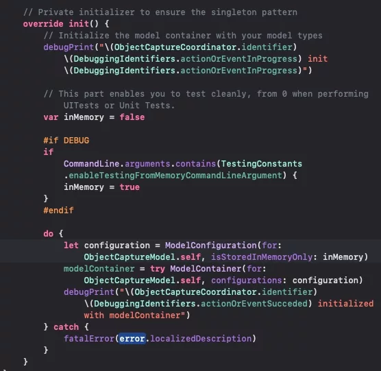 A screenshot of XCode showing how we used the argument to change the configuration of a SwiftData persistent container.