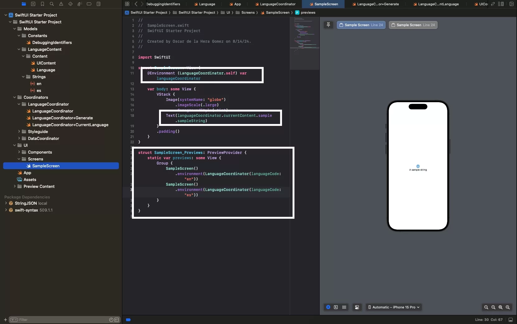 A screenshot of XCode showing the SampleScreen code for this tutorial.