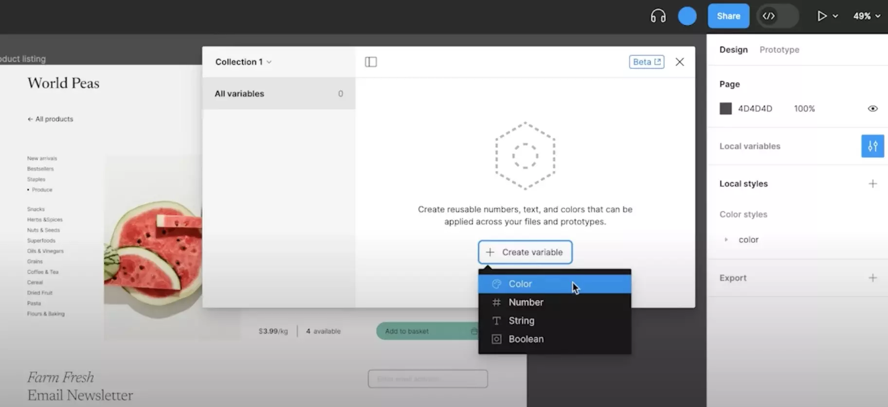 A screenshot of Figma's Introduction to Variables YouTube video showing how to create variables.