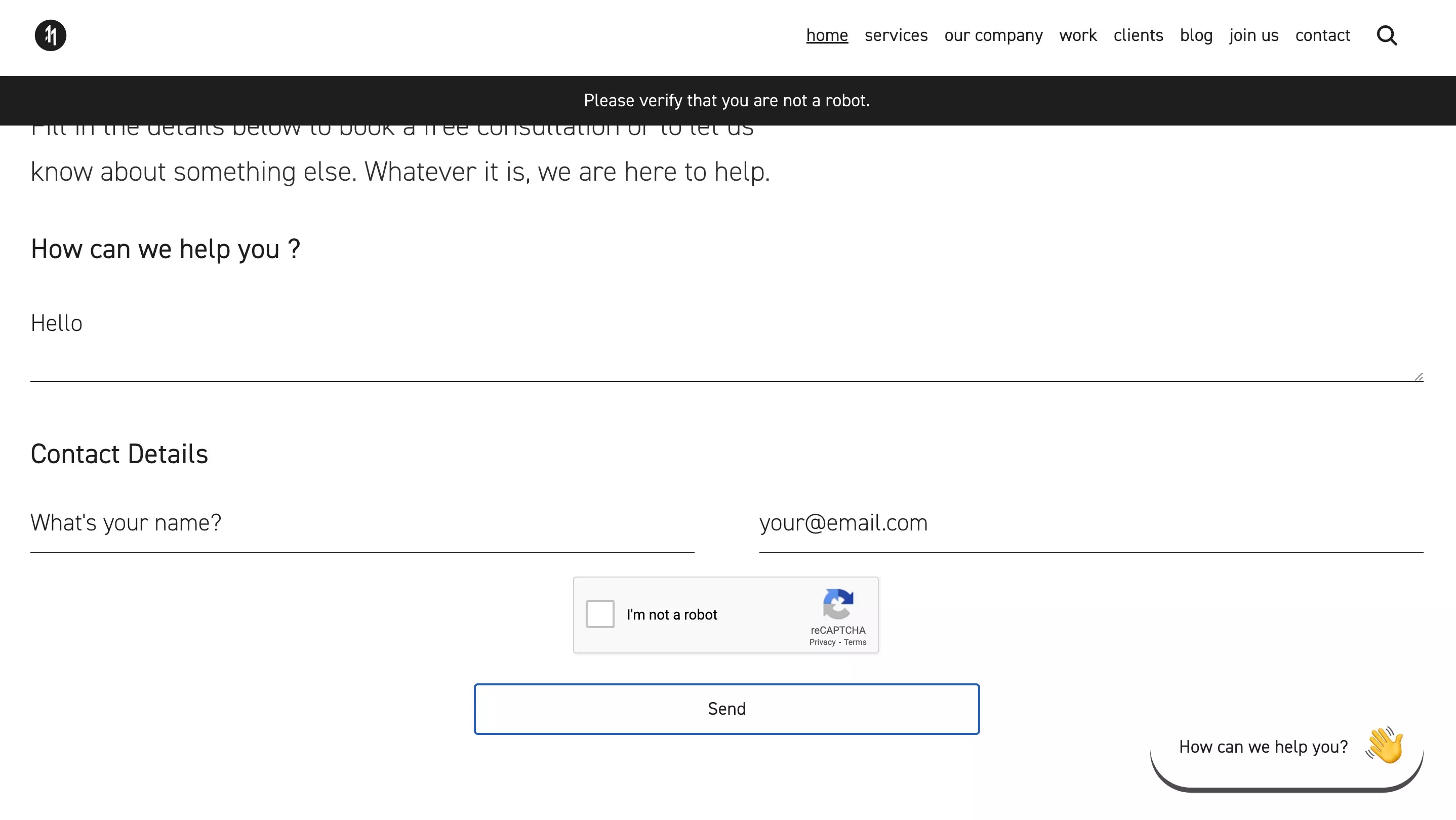 A screenshot of delasign.com showing the alert bar which states "Please verify that you are not a robot." This appears if a user tries to submit a form with enough data but has not passed the reCAPTCHA test.