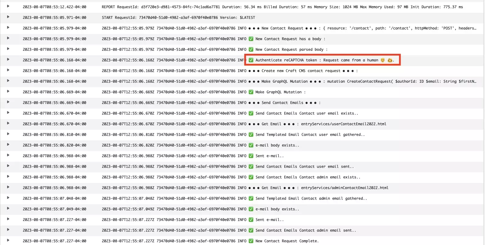 A screenshot of AWS Cloudwatch logs showing that the token was authenticated successfully and that the request came from a human.