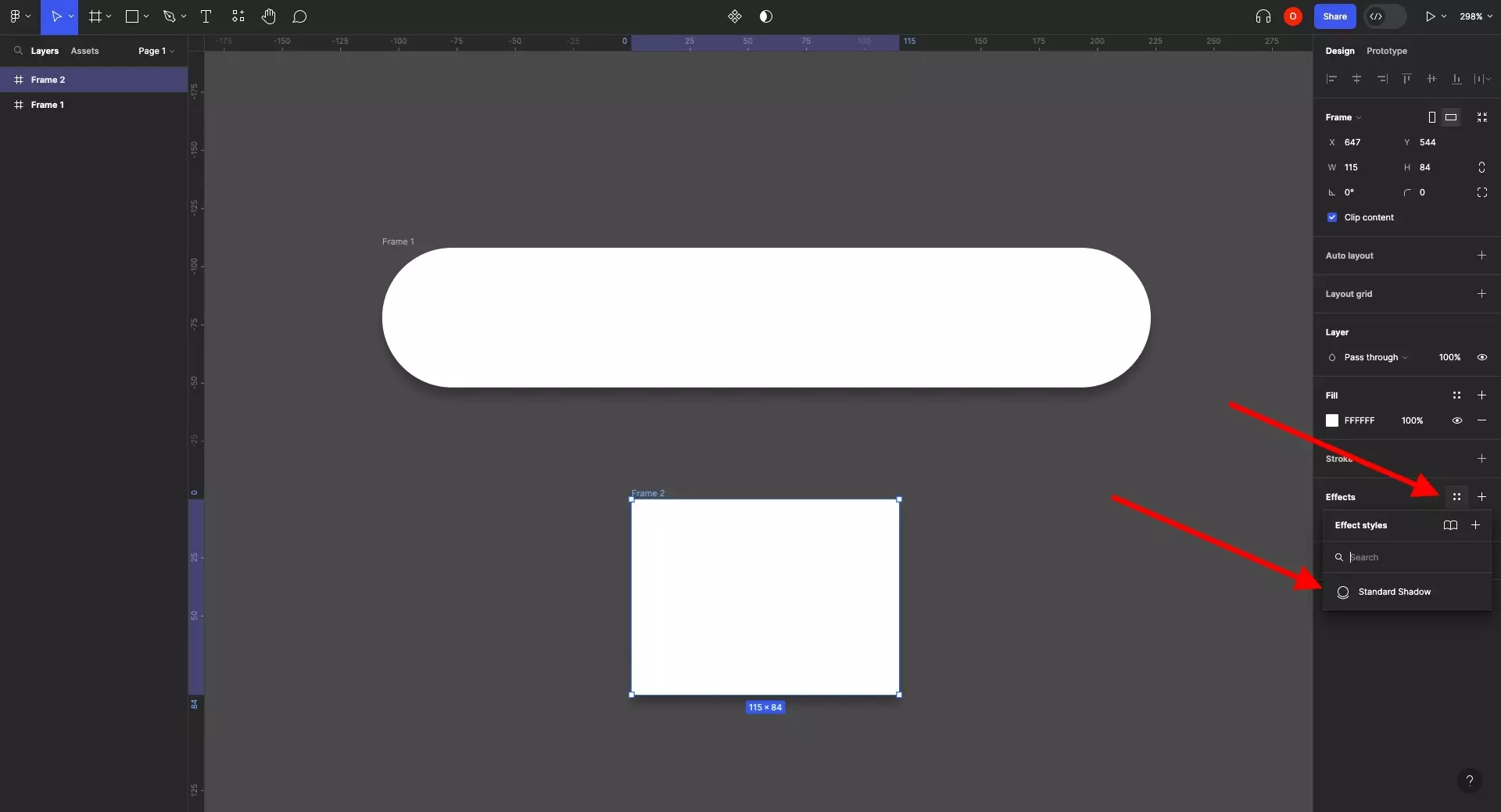 A screenshot of Figma showing that if you now open the effects style menu, the style that you created will appear and can be applied to another frame, image, text or path by selecting it.