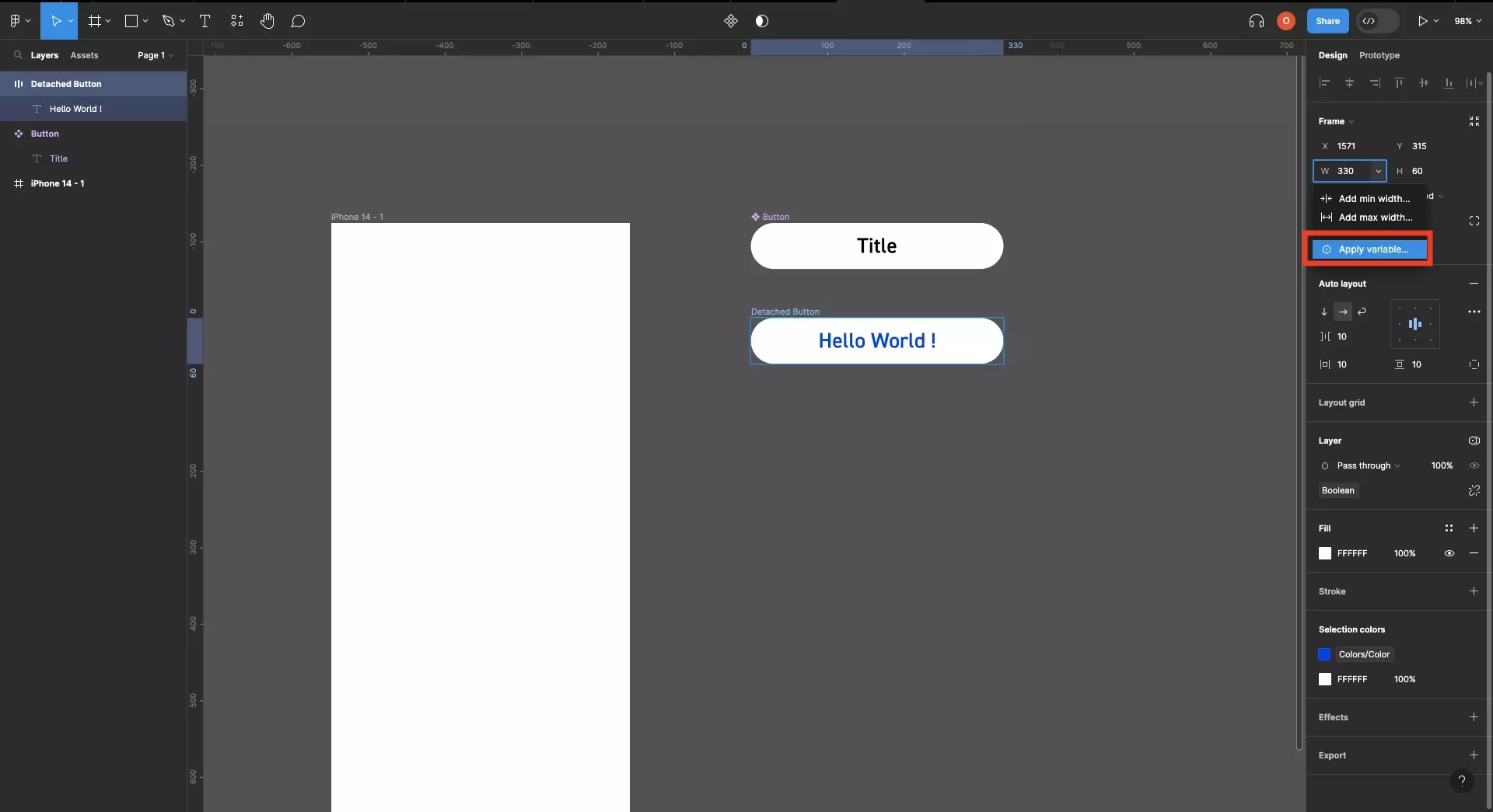 A screenshot of Figma that shows that if you select the dropdown next to width on the right menu side bar, a menu appears that allows you to apply a variable through the apply variable menu option. This also applies to height, auto-layout gap and min or max width and min or max height.