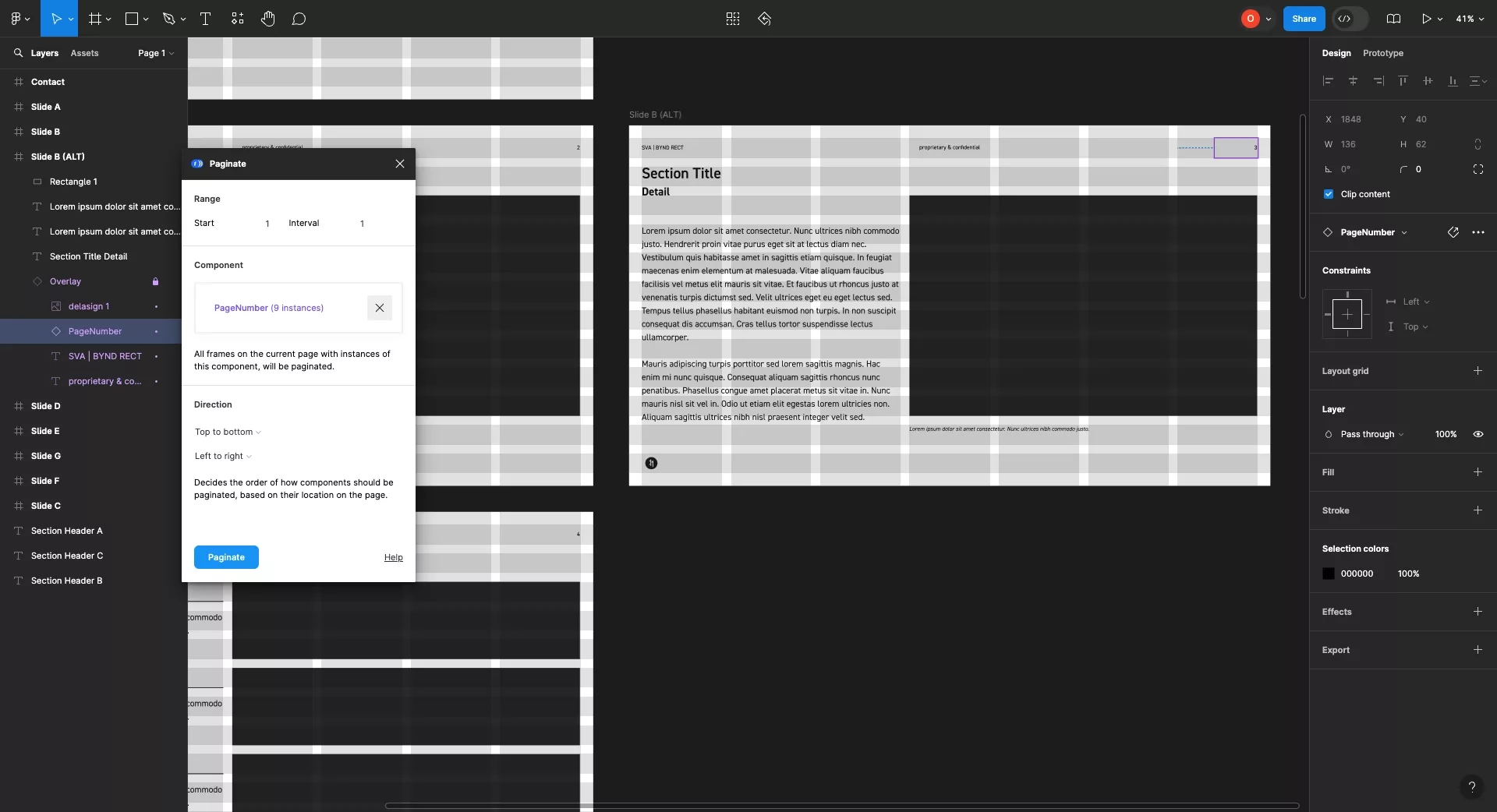 A screenshot of Figma showing how the presentation now has page numbers.