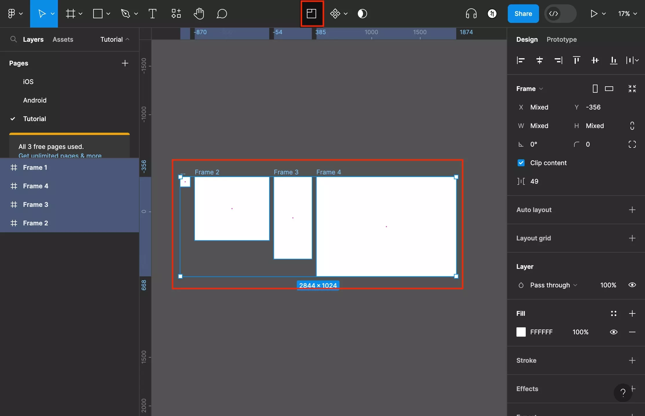 A screenshot of Figma showing all the frames selected. Highlighted on the top navigation bar is the sections icon. Press this to wrap the selected objects or frames in a section. Alternatively, on a Mac, press Command + S.