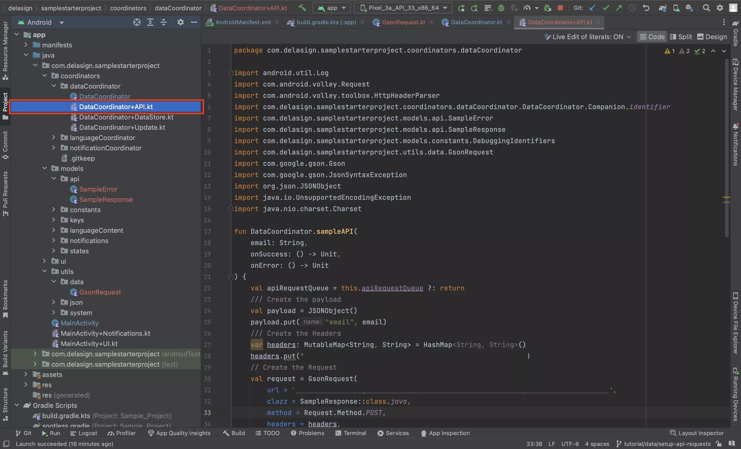 A screenshot of Android Studio showing a sample function that makes an API call. Code available below.