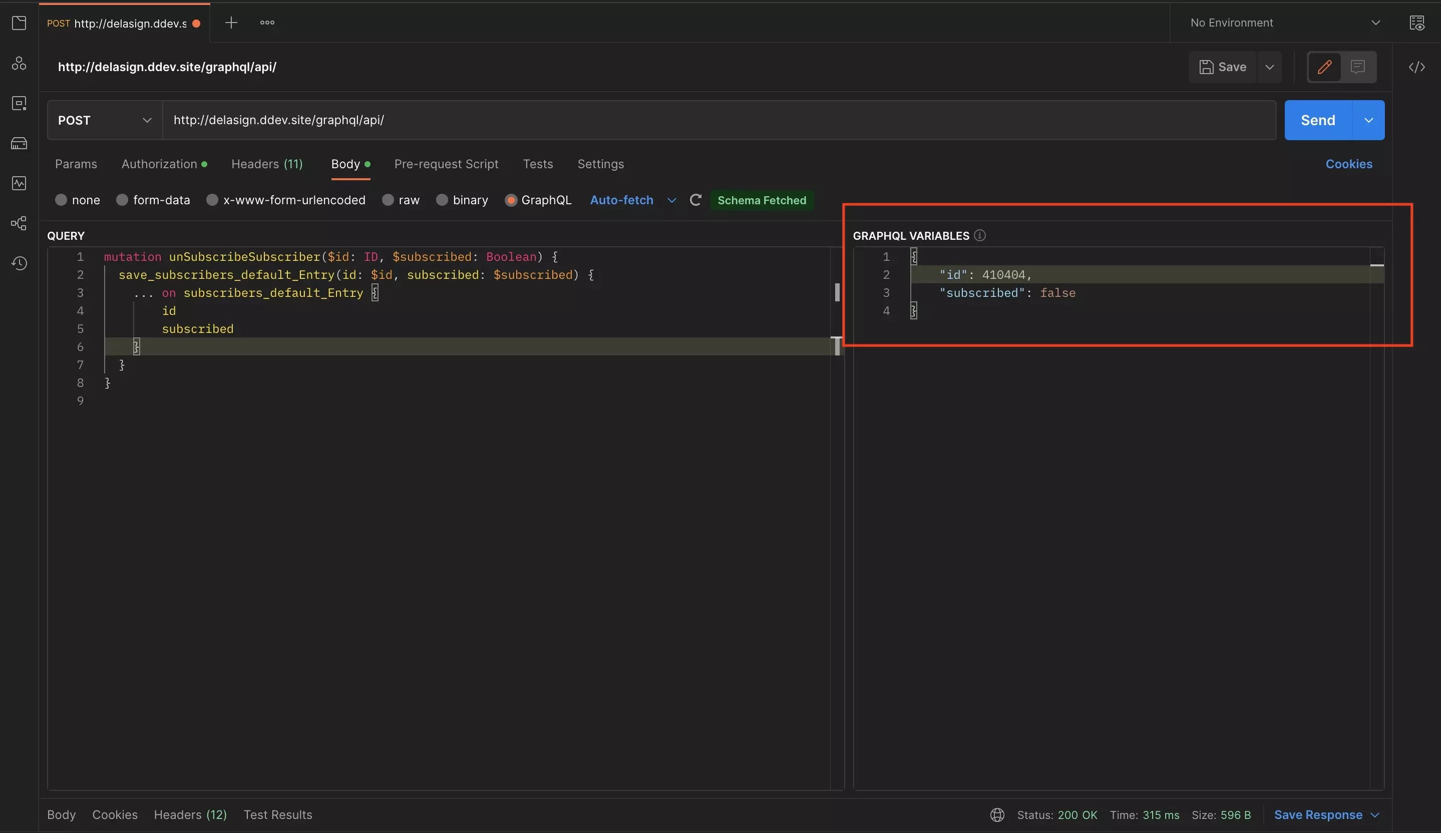 A screenshot of Postman with the completed GraphQL mutation. Highlighted is the GraphQL Variables box on the left side of the screen.