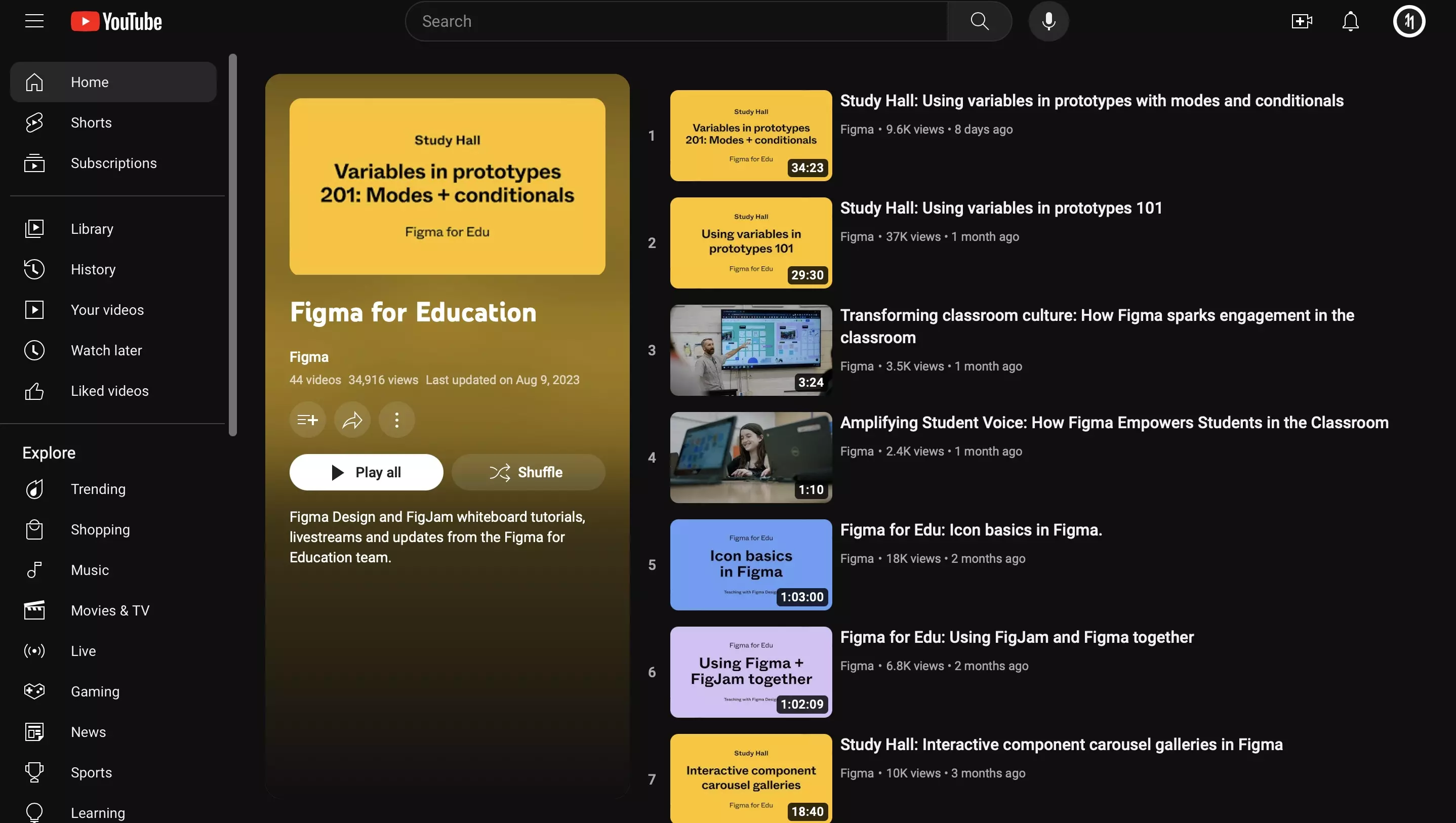 A screenshot of Figma's education playlist on YouTube on August 17th 2023.