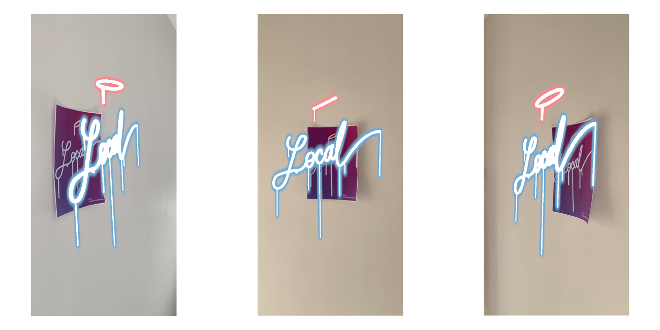 An augmented reality, 3 dimensional word that spells 'Local' in neon blue with with a neon red halo above it.