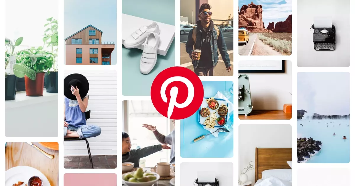 The Pinterest logo above a Pinterest moodboard.