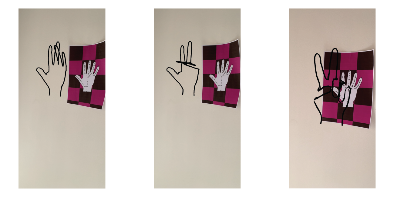 An augmented reality, 3 dimensional hand moving to make a peace sign.