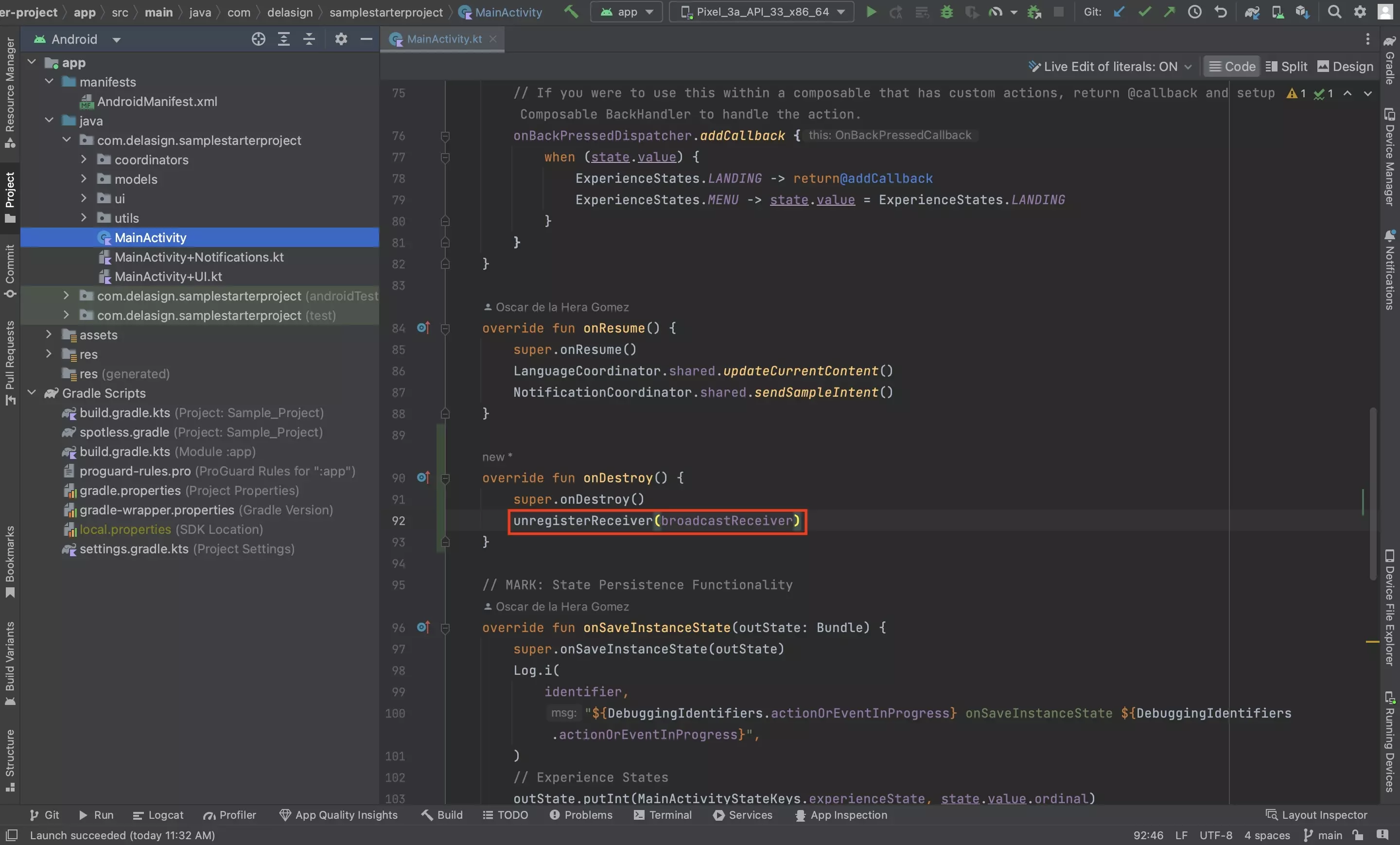 A screenshot of Android Studio showing how to unregister a receiver in the onDestroy lifecycle function.